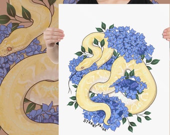 PRINT Ball Python and Hydrangeas Matte Poster Snake Reptile Artwork