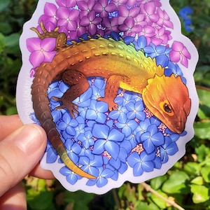 Red-Eyed Crocodile Skink and Hydrangeas Matte Holographic Vinyl Sticker