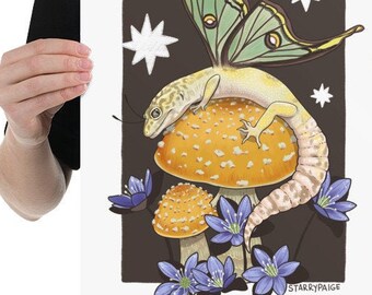 PRINT Fairy Leopard Gecko on Fly Agaric Mushroom with Spanish Moon Moth Wings Reptile Art