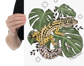 PRINT Leopard Gecko with Monstera deliciosa Leaves Reptile Animal Art