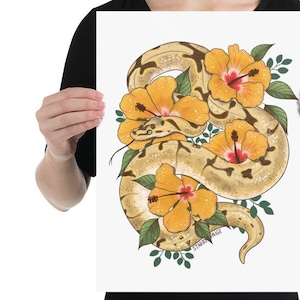 May include: A digital illustration of a snake wrapped around yellow hibiscus flowers with green leaves. The snake is light brown with darker brown markings. The background is white.