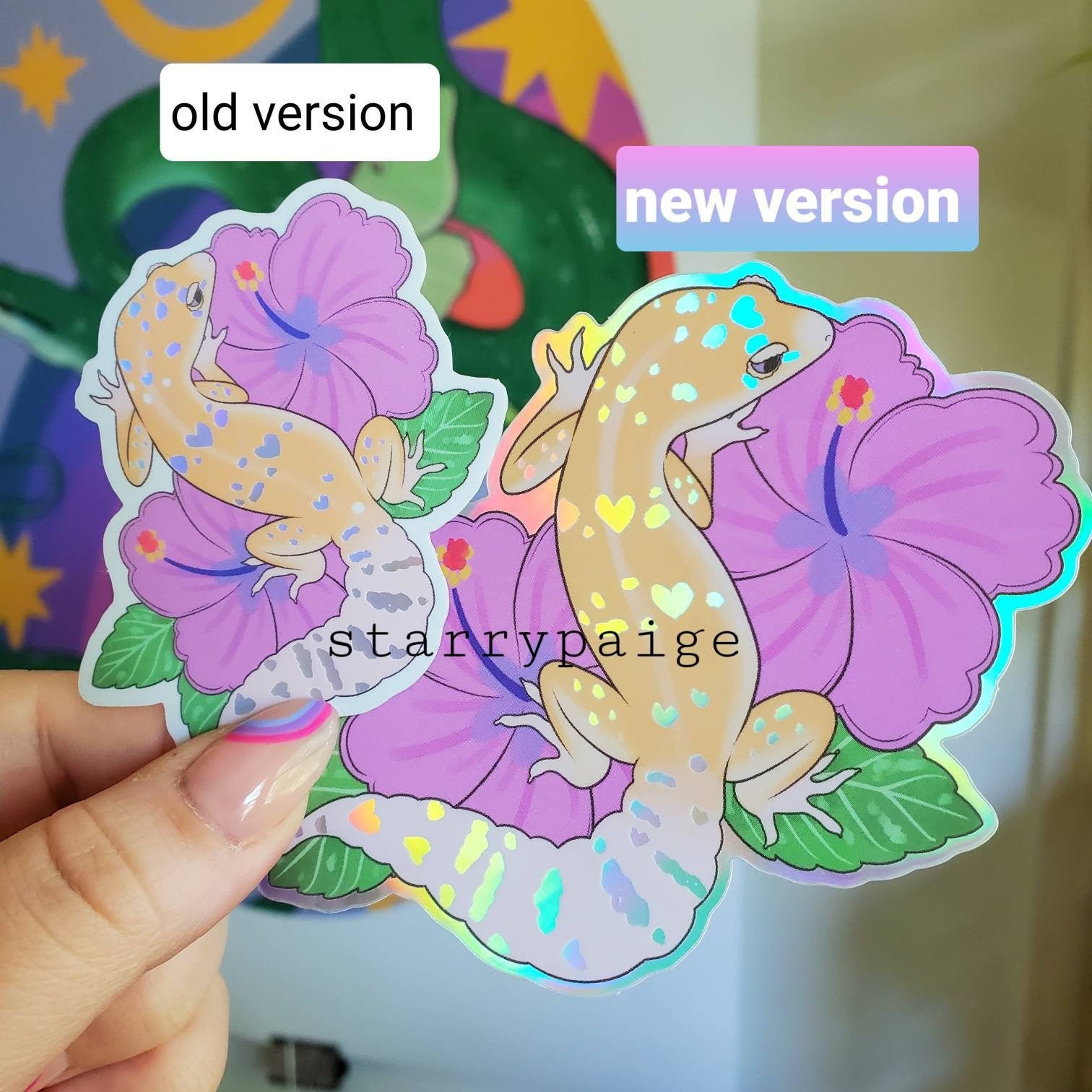 NEW Holographic Leopard Gecko and Hibiscus Rainbow Tropical Sticker R…