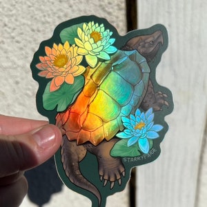 Alligator Snapping Turtle with Water Lilies Holographic Vinyl Sticker