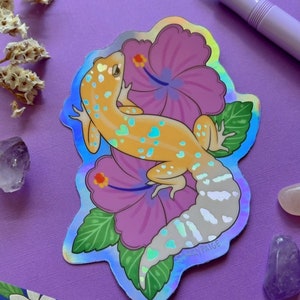 Holographic Leopard Gecko and Hibiscus Rainbow Tropical Sticker Reptile Art