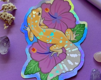 Pegatina holográfica tropical de gecko leopardo e hibisco arcoíris, arte de reptiles