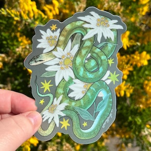 Adesivo de cobra-rato japonesa com flores de edelweiss, arte de réptil