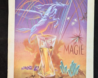 Lancome Paris Perfume Illustration by E M Perot Original 1950 French Advertisement 9 5/8 x 12 3/8 inches Full Color Lithograph Magie