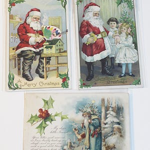 Zestaw 3 pocztówek świątecznych z Mikołajem. Pocztówka Vintage, kolorowa litografia świąteczna, opublikowana w latach 1910. Czerwony garnitur, zielony garnitur Mikołajów
