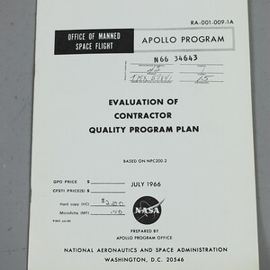 APOLLO-programma-evaluatie van kwaliteitsprogramma voor aannemers Plan 1966 Originele periodehandleiding NASA-ingenieur Herkomst ZELDZAAM