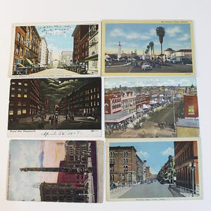 Partia 6 pocztówek głównie RPPC Sceny uliczne ok. 1909 do 1940 Budynki Opublikowane i nieopublikowane Seattle Ontario Guthrie OK Portland Kalifornia