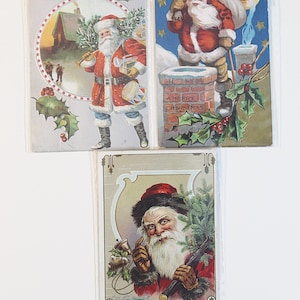 Zestaw 3 pocztówek świątecznych z Mikołajem, pocztówka Vintage, kolorowa litografia, tłoczone karty, wysłane w latach 1910., czerwony garnitur, anamorficzny księżyc