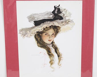 1909 Harrison Fisher Pretty Girl Print Color Lithograph Beautiful Hat and Woman Victorian Picture Art Print Illustration Artwork #1