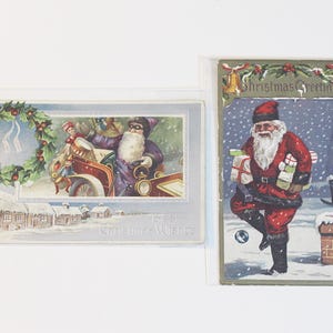 Lote de 2 cartões postais de desejos de Natal do Papai Noel, cartão postal vintage, litografia colorida de férias, postado na década de 1910, chaminé e automóvel