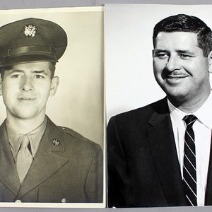 Pu&ograve; includere: Due fotografie in bianco e nero. L'immagine a sinistra mostra una persona in uniforme militare e berretto. L'immagine a destra mostra una persona in giacca e cravatta. Entrambe le immagini sono ritratti.