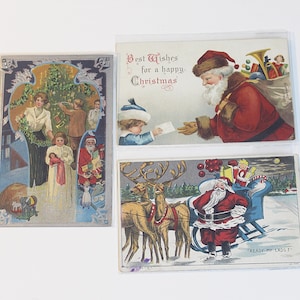 3er Set Weihnachtsmann Weihnachten Postkarten Postkarte Vintage Urlaub Farblithographie ungepostet 1910er Jahre Weihnachten Spielzeug Santa Schlitten Rentier