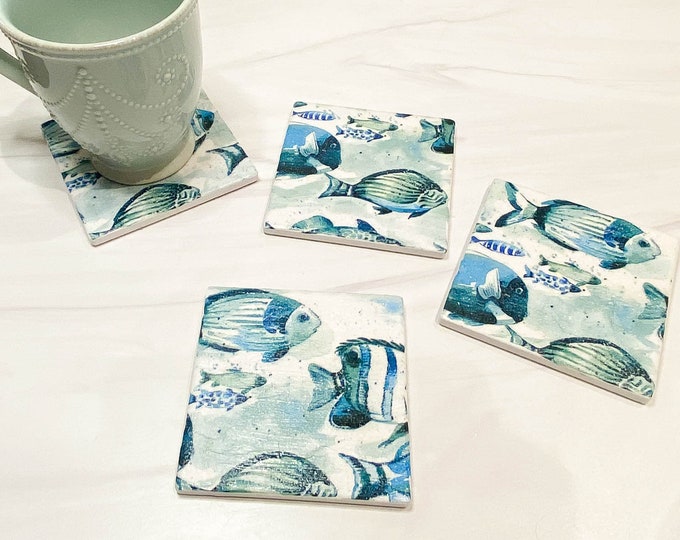 Picture of Blue Fish Ceramic Coaster Set - Etsy