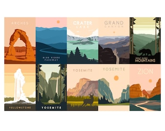 Parcs nationaux Art Print Set de 10 4x6 | Carte postale | Minimaliste | Parc national | Affiche de voyage | Impression de voyage