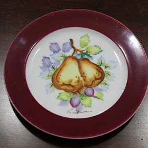 Vintage Hand Painted Porcelain Plate: Japanese Pears, Gold Trim, Signed