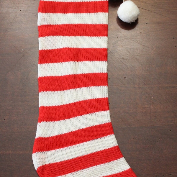 Vintage Red White Knit Striped Christmas Stocking Taiwan Rep of China