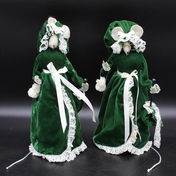 Vintage Pair of Plush Grandmotherly Country Mice Dressed in Green Velvet and White Lace Carrying Purse and Parasols