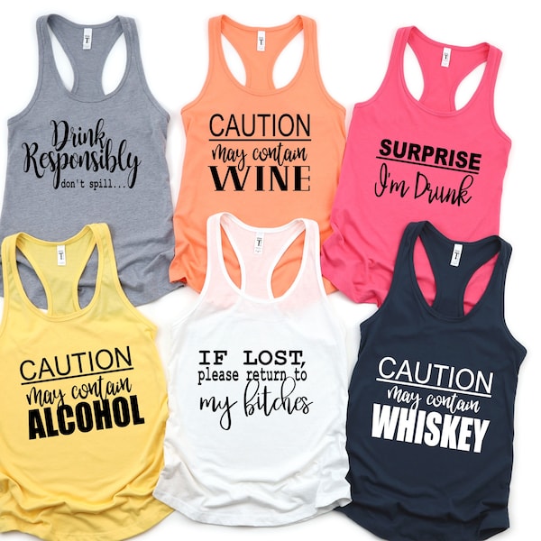 Camisetas sin mangas grupales - Camisetas sin mangas para fiestas - Camisetas sin mangas para viajes- Camisetas sin mangas para niñas - Tanques de alcohol - Precaución contiene alcohol. Tanques personalizados grupales