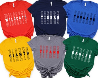May include: Six different t-shirts with various team names printed on them in a stacked, mirrored design. The shirts are red, navy blue, royal blue, yellow, gray, and green.