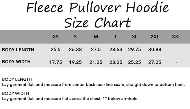 K&ouml;nnte beinhalten: Gr&ouml;&szlig;entabelle f&uuml;r einen Fleece-Pullover mit Kapuze, die die Ma&szlig;e in Zoll f&uuml;r K&ouml;rperl&auml;nge und -breite f&uuml;r die Gr&ouml;&szlig;en XS bis 3XL zeigt.