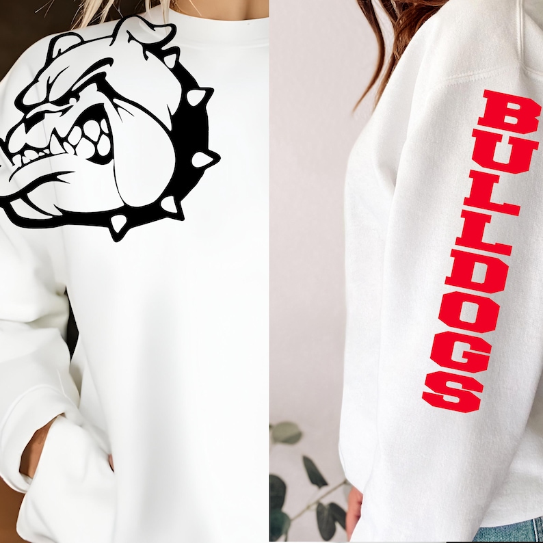 a person wearing a white sweatshirt with a black bulldog graphic on the left side and the word "BUILDERS" written in red on the right side.
