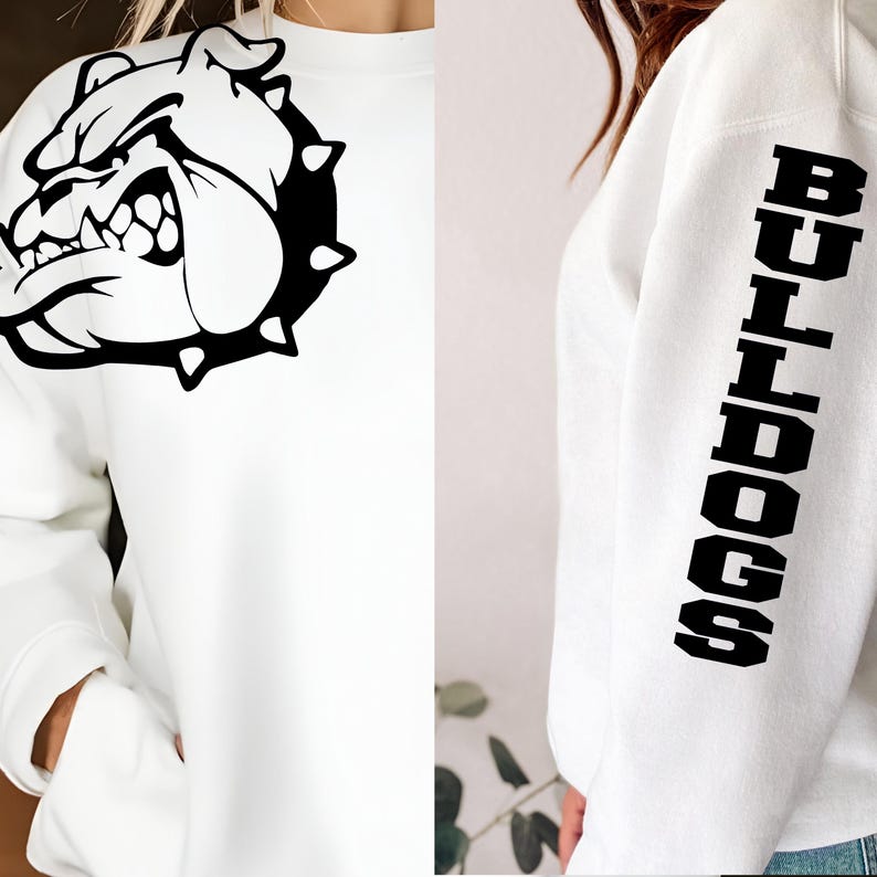 a white sweatshirt with a graphic of a bulldog on the left side and the word "BUILDERS" printed vertically on the right side.