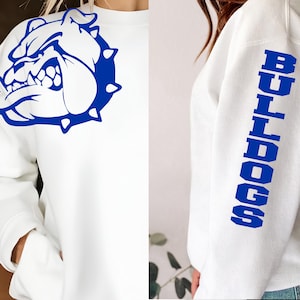 A white sweatshirt with a blue bulldog logo on the left side and the word "BUILDERS" written vertically on the right side.