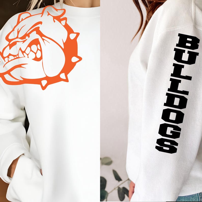 a white sweatshirt with a large orange bulldog graphic on the left side and the word "Bulldogs" written in black on the right side.