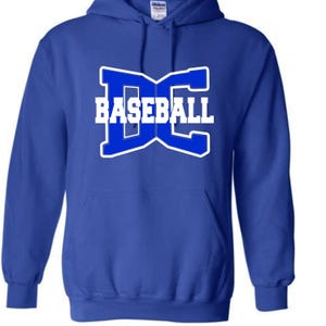 May include: Royal blue hoodie with a front pocket and a drawstring hood. The hoodie features a white and blue graphic that says "BASEBALL". The graphic is in a stylized font.