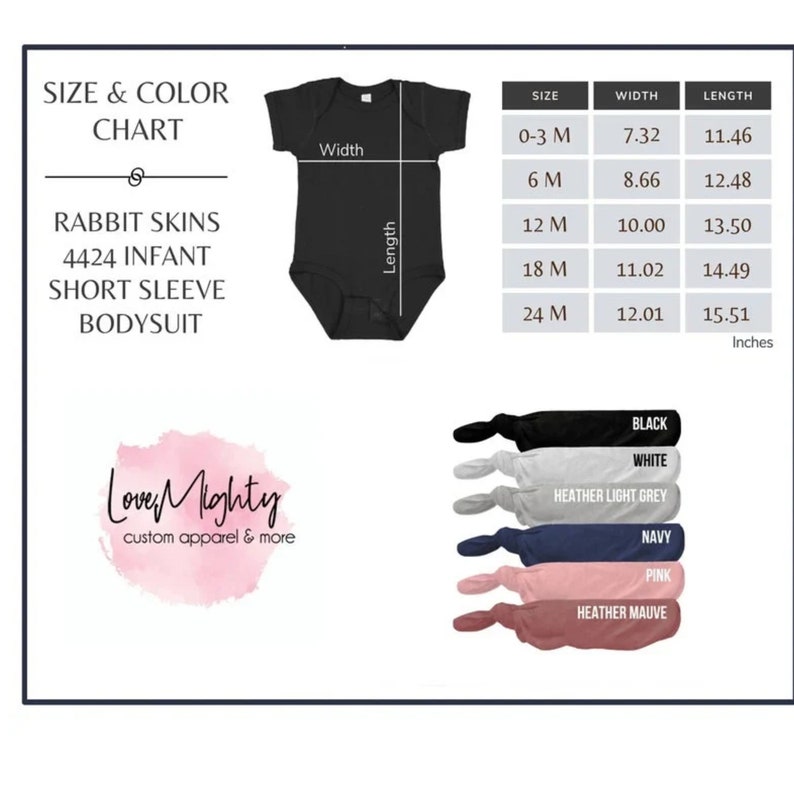 the size and color chart for a baby bodysuit