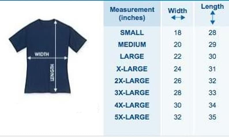 May include: A chart showing the width and length measurements in inches for different sizes of a t-shirt. The sizes are: Small, Medium, Large, X-Large, 2X-Large, 3X-Large, 4X-Large, and 5X-Large.