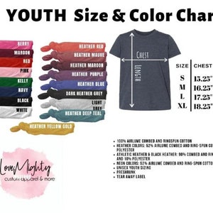 the youth size and color chart for a t - shirt
