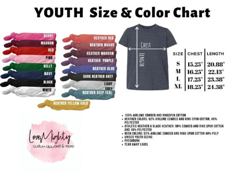 the youth size and color chart for a t - shirt