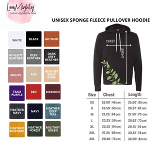 May include: Unisex sponge fleece pullover hoodie in black with a size chart showing chest and length measurements in inches and centimeters. The chart includes sizes XS through 3XL.