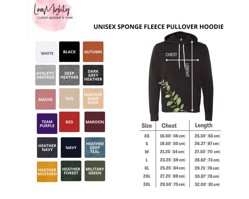 May include: Unisex sponge fleece pullover hoodie in black with a size chart showing chest and length measurements in inches and centimeters. The chart includes sizes XS through 3XL.