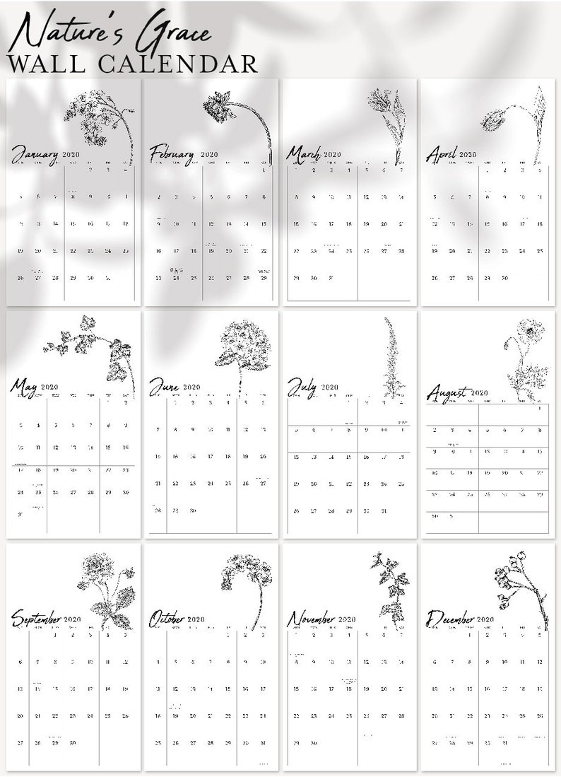NATURE'S GRACE collection wall calendar in a narrow modern | Etsy