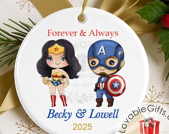 Superhero couple Christmas Ornament- Mr & Mrs Ornament-Our first Couple Ornament-Married ornament-Couple gift