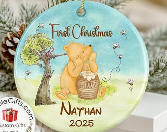 Classic Pooh First Baby Christmas Ornament: Personalized Kids Porcelain Keepsake