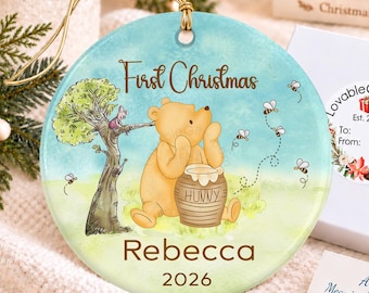 Classic Pooh First Baby Christmas Ornament, Personalized Newborn Name Keepsake Ornament