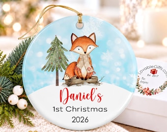 Fox Baby's First Christmas Ornament 2026, Personalized Woodland Keepsake, Porcelain Baby Shower Gift for New Parents