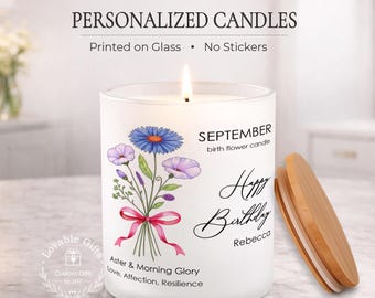 Personalized Birth Flower Candle, September Birthday Gift for Her, Birth Month Flower Gift, Custom Name Candle, Printed on Glass Keepsake