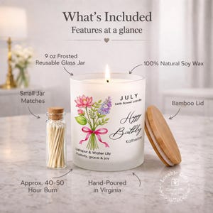 May include: A frosted glass jar candle with a bamboo lid, featuring a floral design and the text "Happy Birthday Katherine." Includes a small jar of matches. The candle is hand-poured in Virginia and made with 100% natural soy wax.