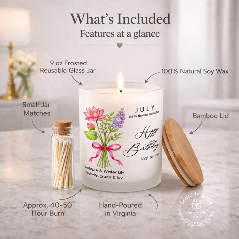 May include: A frosted glass jar candle with a bamboo lid, featuring a floral design and the text "Happy Birthday Katherine." Includes a small jar of matches. The candle is hand-poured in Virginia and made with 100% natural soy wax.