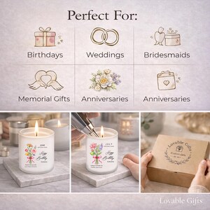 May include: The image showcases candles and gift boxes. The candles are in clear glass containers with floral designs and the text "Happy Birthday." The gift box is brown with the text "Lovable Gifts." The image also includes illustrations for birthdays, weddings, and anniversaries.