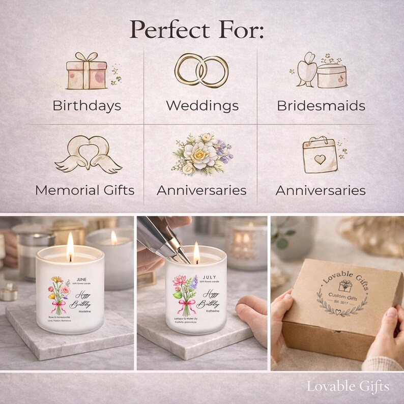 May include: The image showcases candles and gift boxes. The candles are in clear glass containers with floral designs and the text "Happy Birthday." The gift box is brown with the text "Lovable Gifts." The image also includes illustrations for birthdays, weddings, and anniversaries.