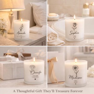 May include: Four white scented candles with floral designs and names: Amanda, Sophia, Jennifer, and Madison. Each candle has a different flower illustration and the text "A Thoughtful Gift They'll Treasure Forever".