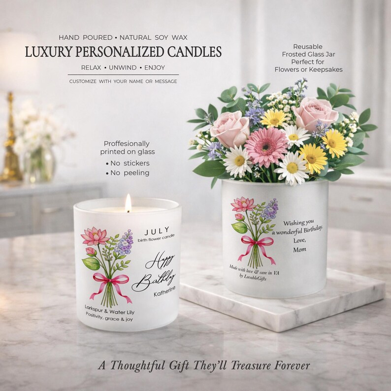 May include: A lit, white soy wax candle with a floral design and the text "Happy Birthday Katherine." A second frosted glass jar with flowers is also shown. The text reads "Luxury Personalized Candles."